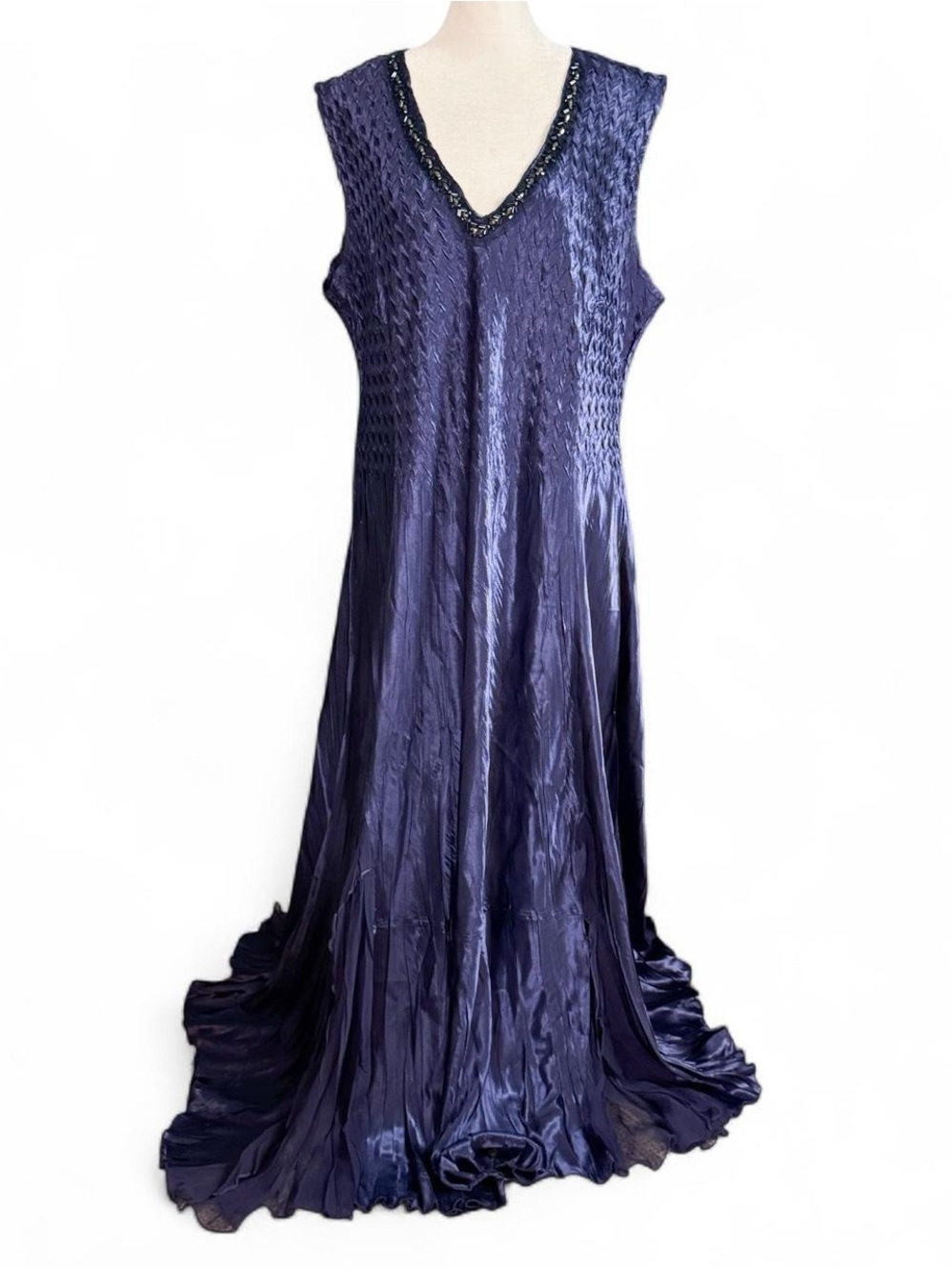 Komarov Beaded Crinkle Satin Purple Maxi Dress Plus Size 2X